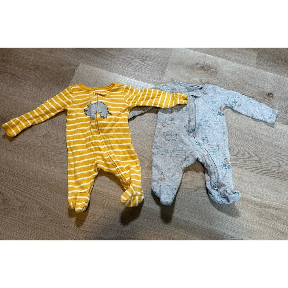 Simple Joys Carters Newborn Footed Sleeper Lot 2pc Yellow Gray Dino NB